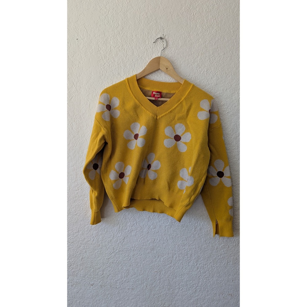 Sweater Land‎ Yellow Daisy Floral V-Neck Knit Pullover Sweater Womens S/M Retro